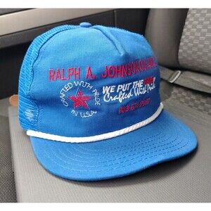 Vintage Ralph Johnson Hat Cap Strap Back Mesh Trucker Advertising Mens 90s Blue